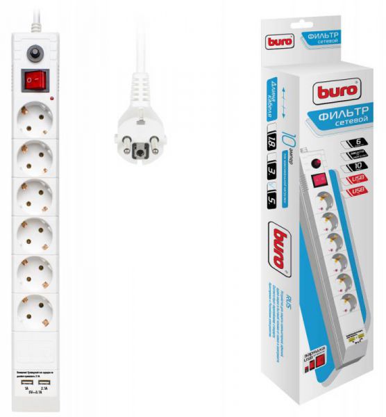 Сетевой фильтр Buro BU-SP5_USB_2A-W белый
